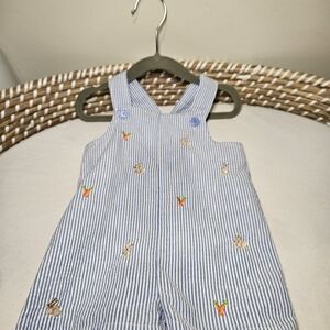 Striped Baby Overalls with Embroidered Carrots and Bunnies